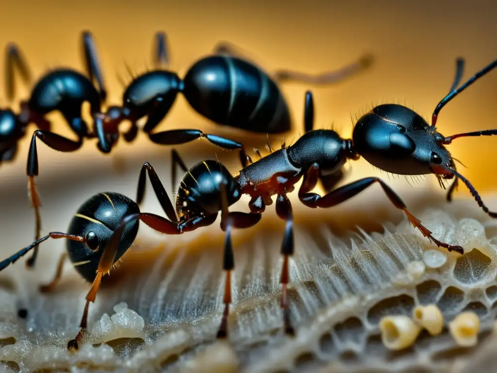 Detalle macro de hormigas cuidando a un miembro enfermo en su colonia