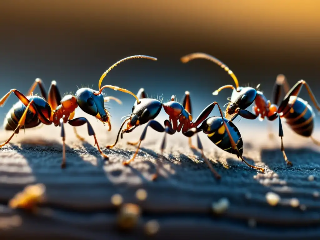 Detalle macro de hormigas comunicándose a través del tacto y las vibraciones