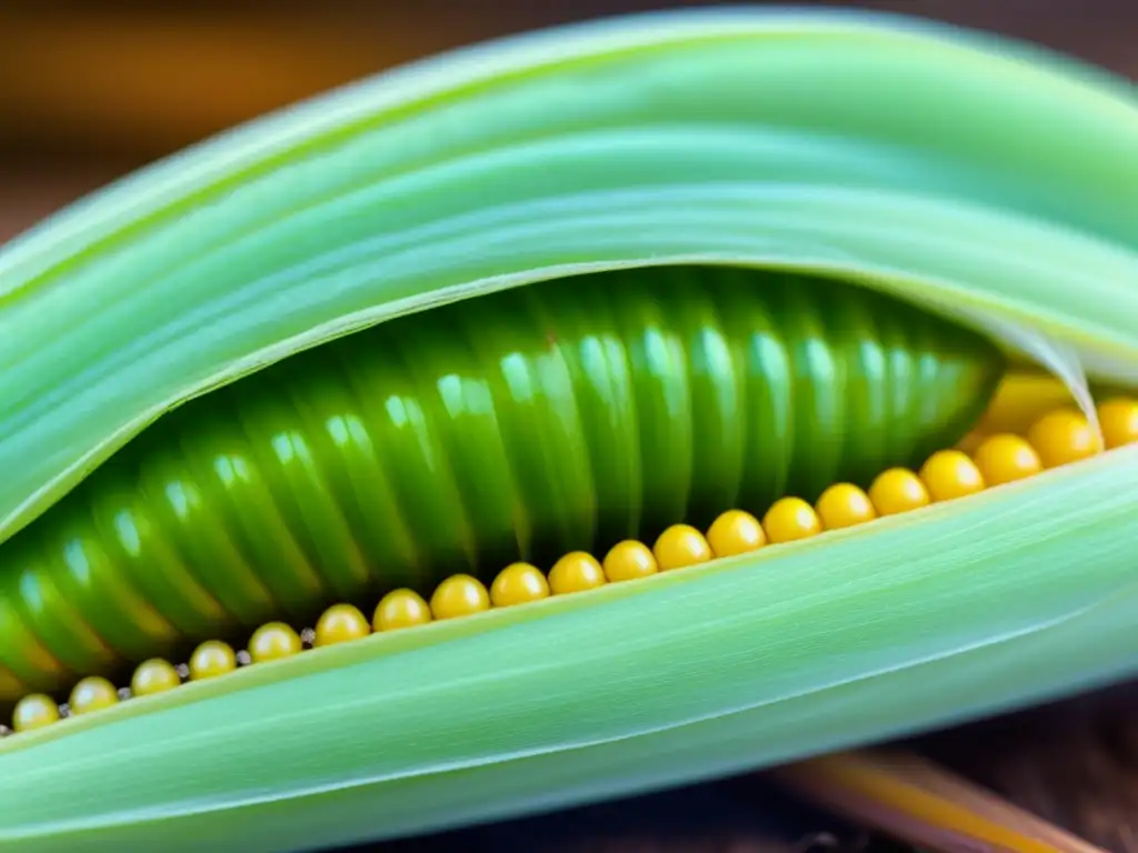 Detalle macro de una mazorca de maíz con una oruga verde vibrante comiendo el cabello de maíz, destacando la amenaza para la seguridad alimentaria