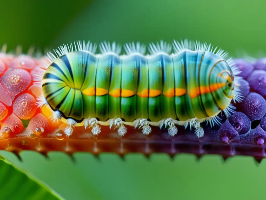 Detalle macro de la metamorfosis de un insecto en una delicada crisálida, mostrando la transformación y la belleza etérea