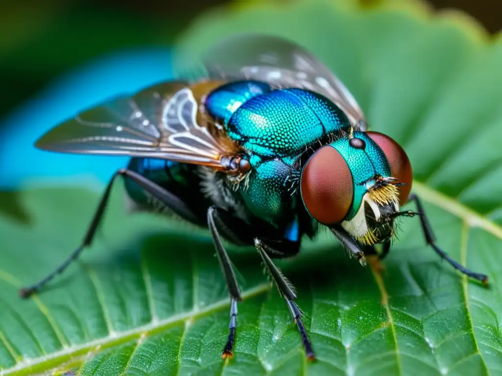 Detalle macro de una mosca azul descansando en fruta podrida