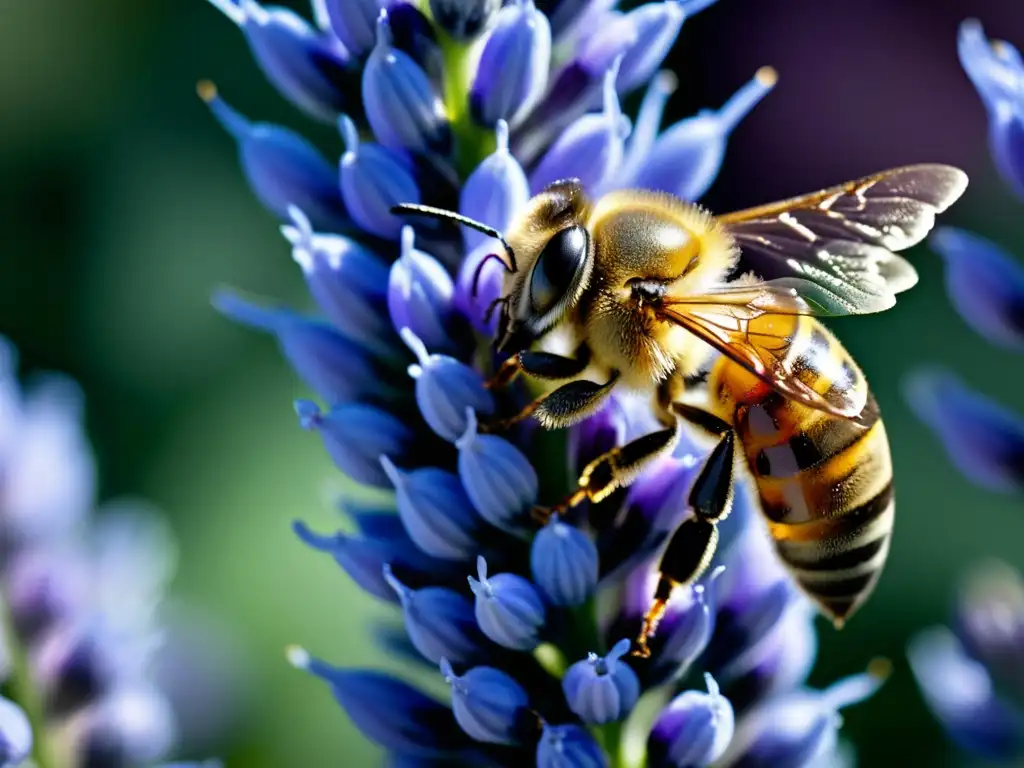 Detalle magnífico de una abeja sobre una flor de lavanda, resaltando la importancia de la apicultura urbana en un jardín exuberante