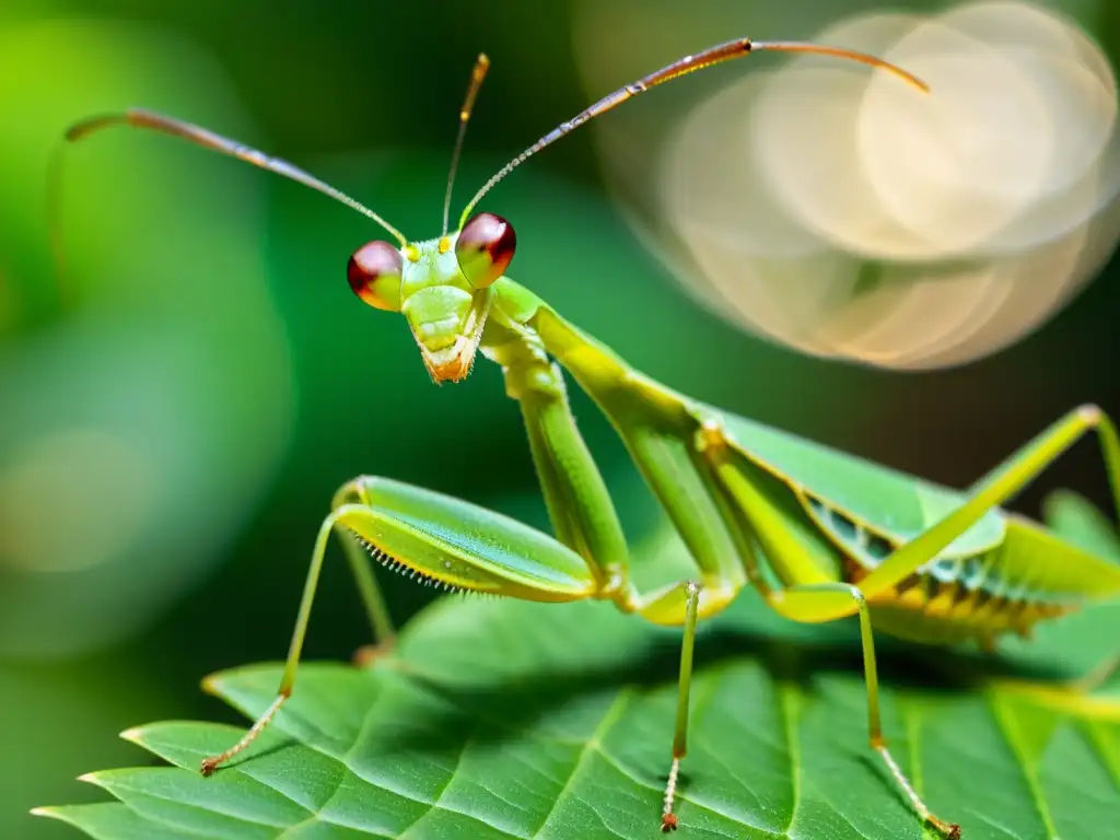 Detalle de mantis religiosa en hoja verde, resaltando la importancia de los insectos en ecología