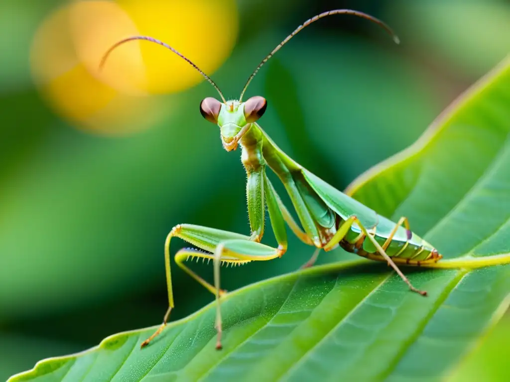 Detalle de una mantis religiosa en una hoja verde, mostrando sus armas evolutivas para caza y defensa de insectos