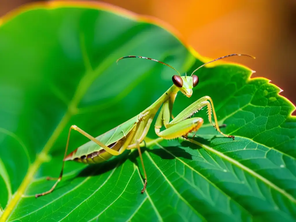 Detalle de una Mantis religiosa simbolismo ancestral en hoja verde, sus ojos expresivos transmiten misterio y sabiduría