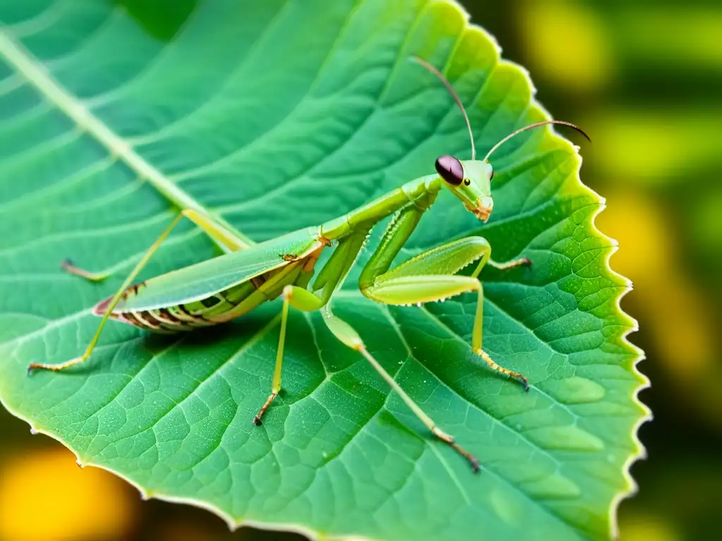 Detalle de una mantis religiosa verde en una hoja