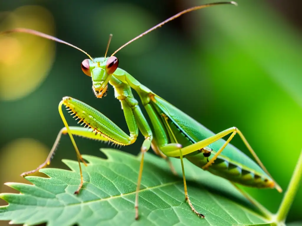 Detalle de una mantis religiosa verde en una hoja, iluminada por el sol