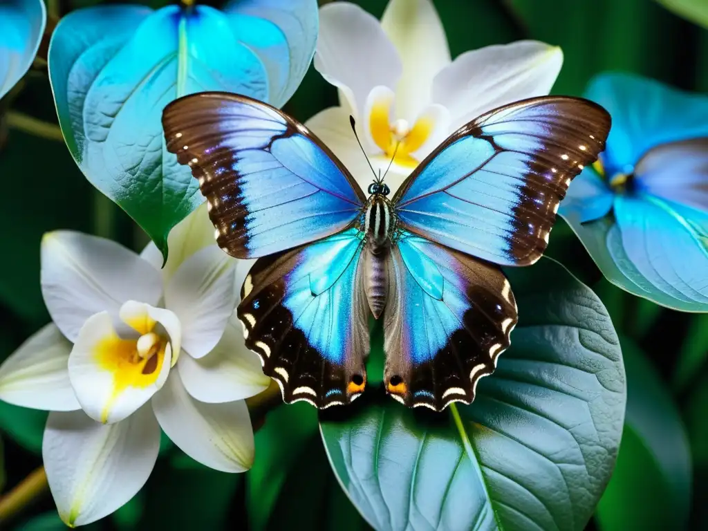 Detalle deslumbrante de mariposa azul morfo posada en orquídeas tropicales