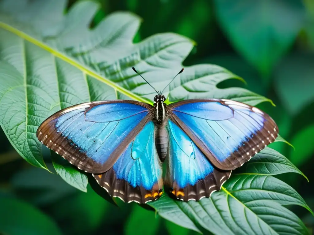 Detalle de mariposa azul morfo en hoja verde, especies de insectos exóticos raros