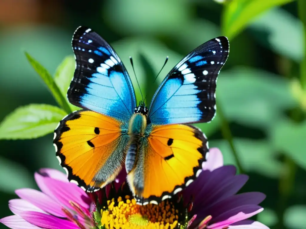 Detalle de mariposa colorida en flor, bebiendo néctar