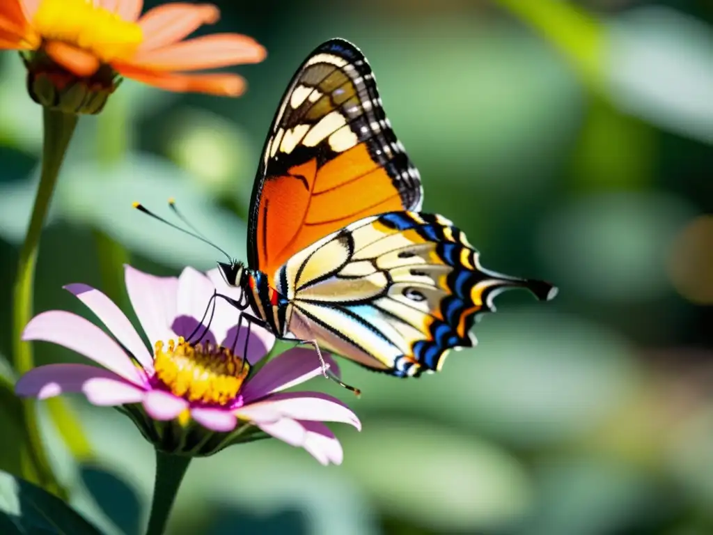 Detalle de una mariposa colorida posada en una flor vibrante, capturando la belleza natural y la evolución de los insectos elementos transponibles