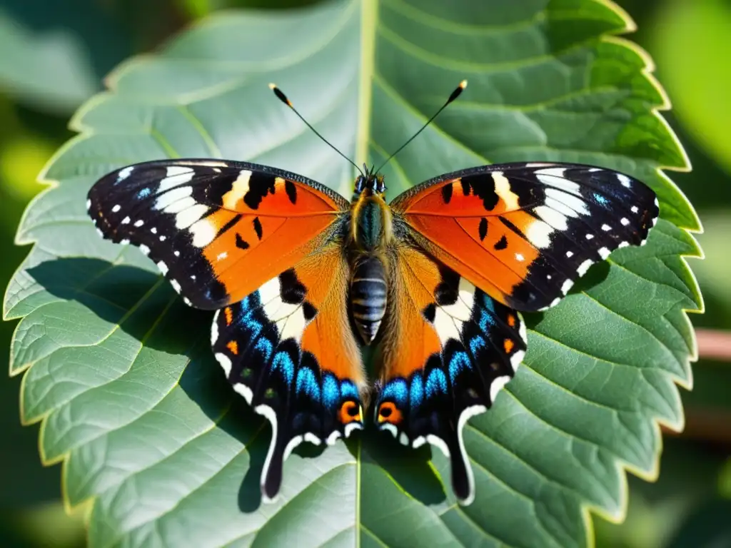 Detalle de mariposa colorida posada en hoja verde, con patrones y texturas en alas, iluminada por cálido sol