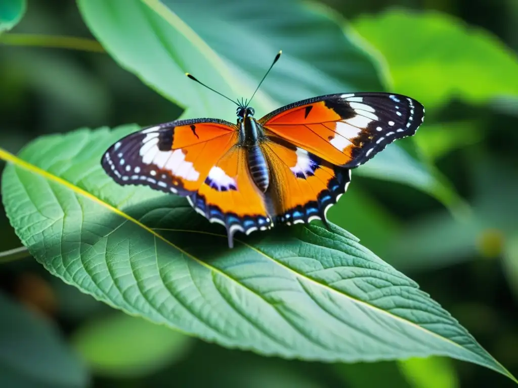 Detalle en alta definición de una mariposa colorida posada en una hoja verde, revelando sus patrones e importancia de los insectos en la educación