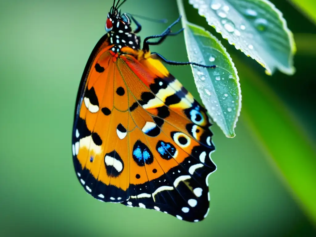 Detalle de una mariposa emergiendo de su crisálida, con colores vibrantes y patrones intrincados en sus alas