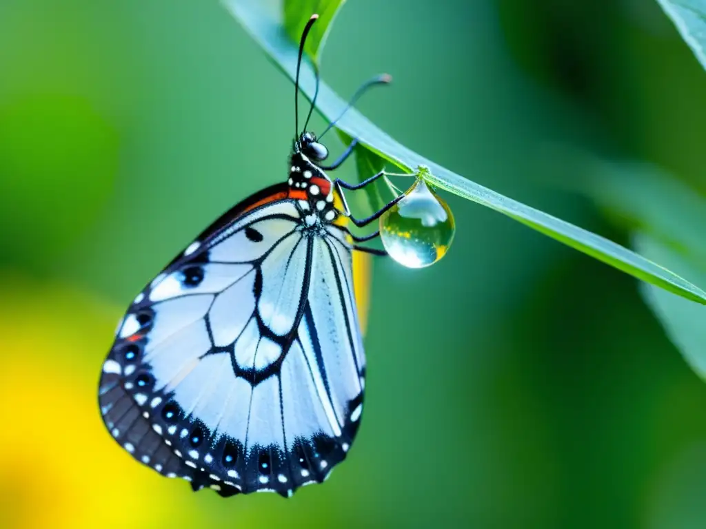 Detalle de una mariposa emergiendo de su crisálida, con patrones vibrantes y delicados, revelando la metamorfosis insectos polinización plantas