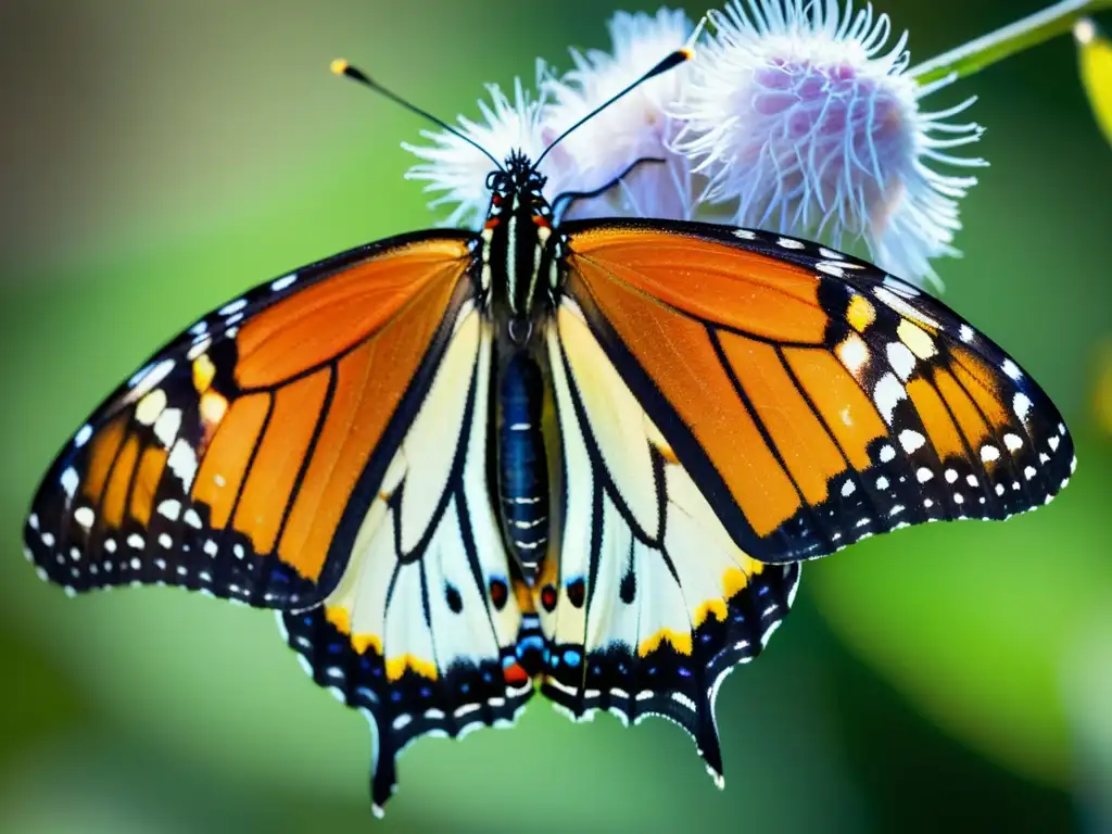 Detalle de una mariposa monarca recién emergida de su crisálida, destacando la importancia de la metamorfosis en insectos en su belleza y fragilidad