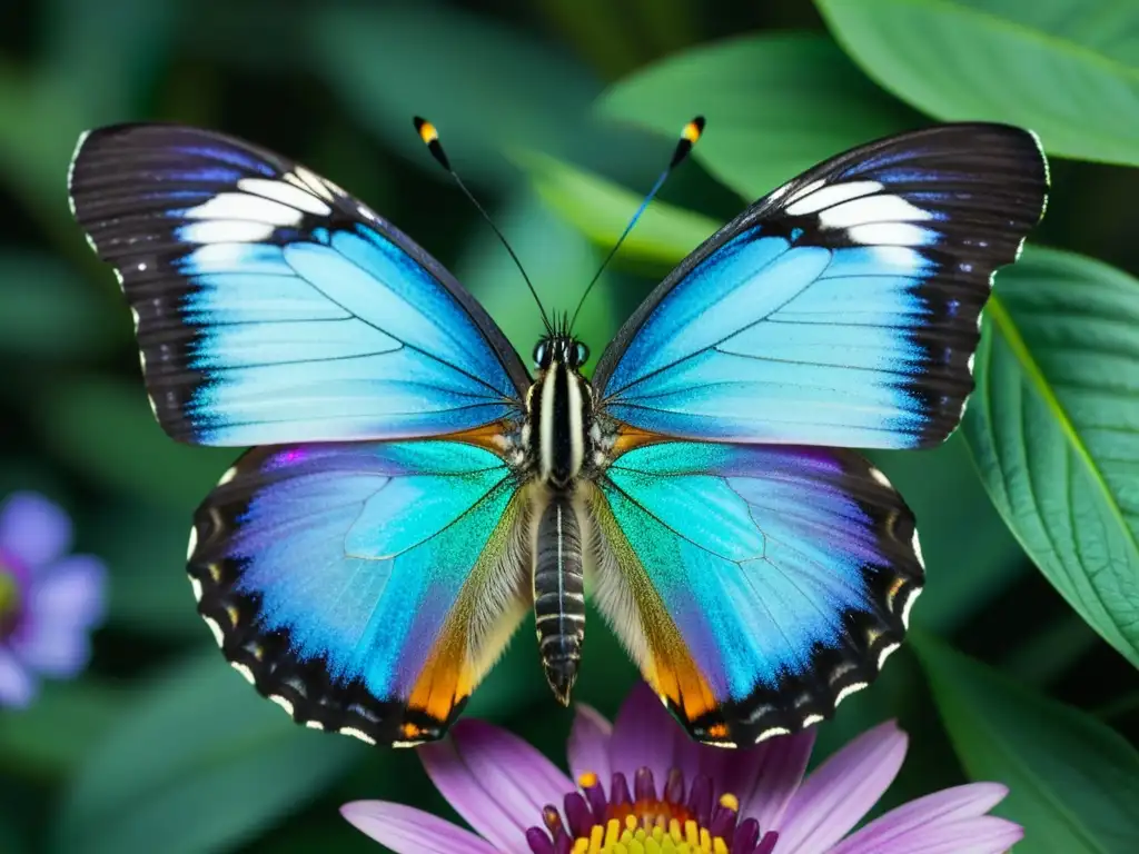 Detalle de mariposa exótica del trópico posada en flor, con colores iridiscentes y texturas cautivadoras