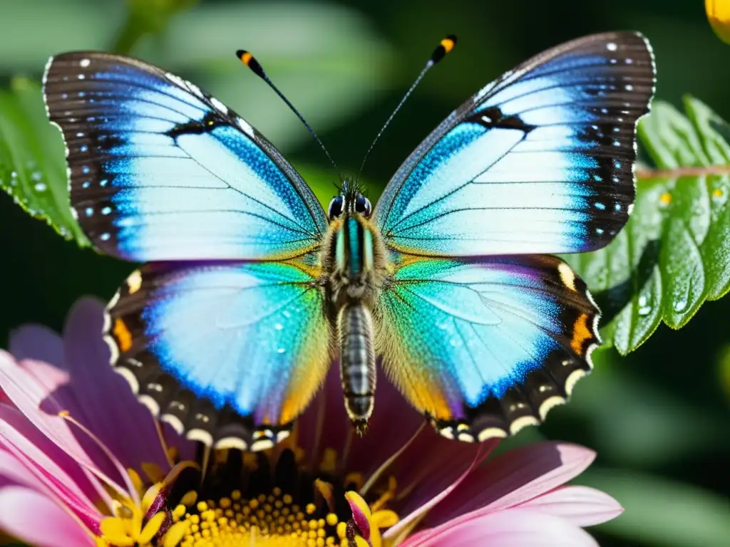 Detalle de mariposa iridiscente en flor, resaltando la fragilidad y belleza de los insectos endémicos en riesgo por el cambio climático