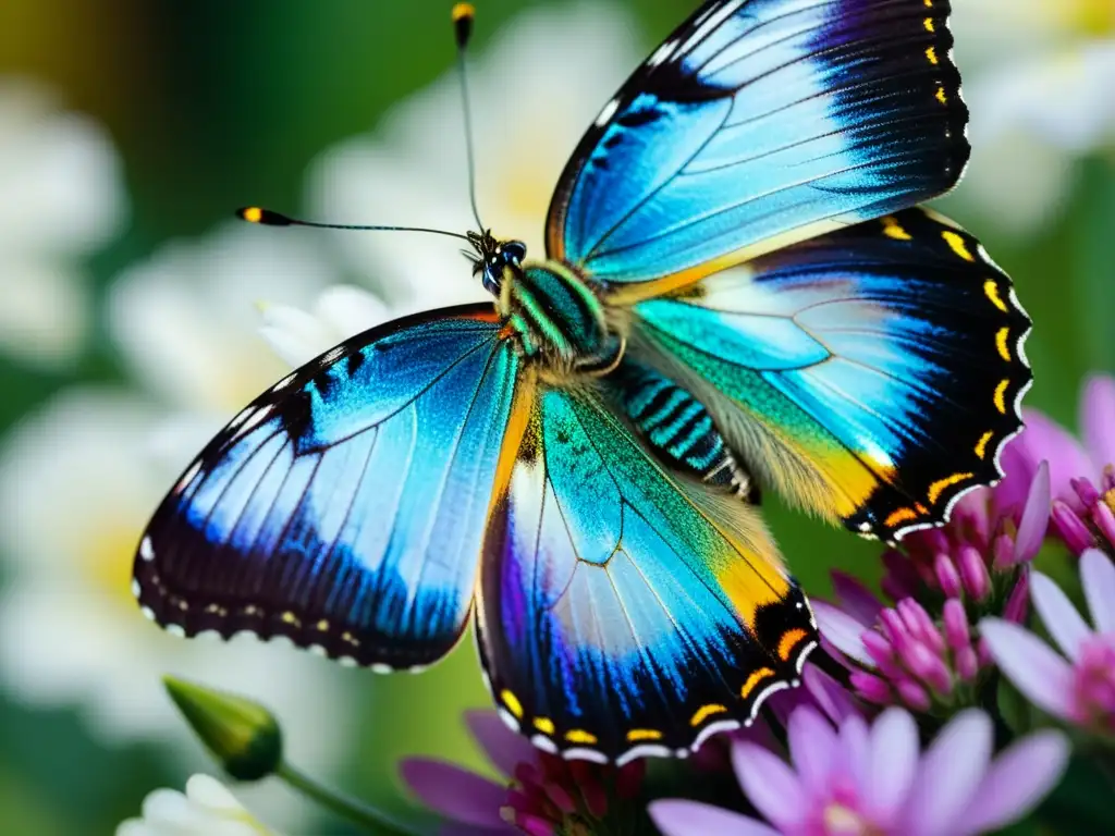 Detalle de mariposa iridiscente en flor, destacando la diversidad de insectos en ecosistemas