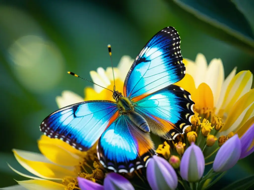 Detalle de mariposa iridiscente en flor, demostrando la belleza fascinante de la entomología