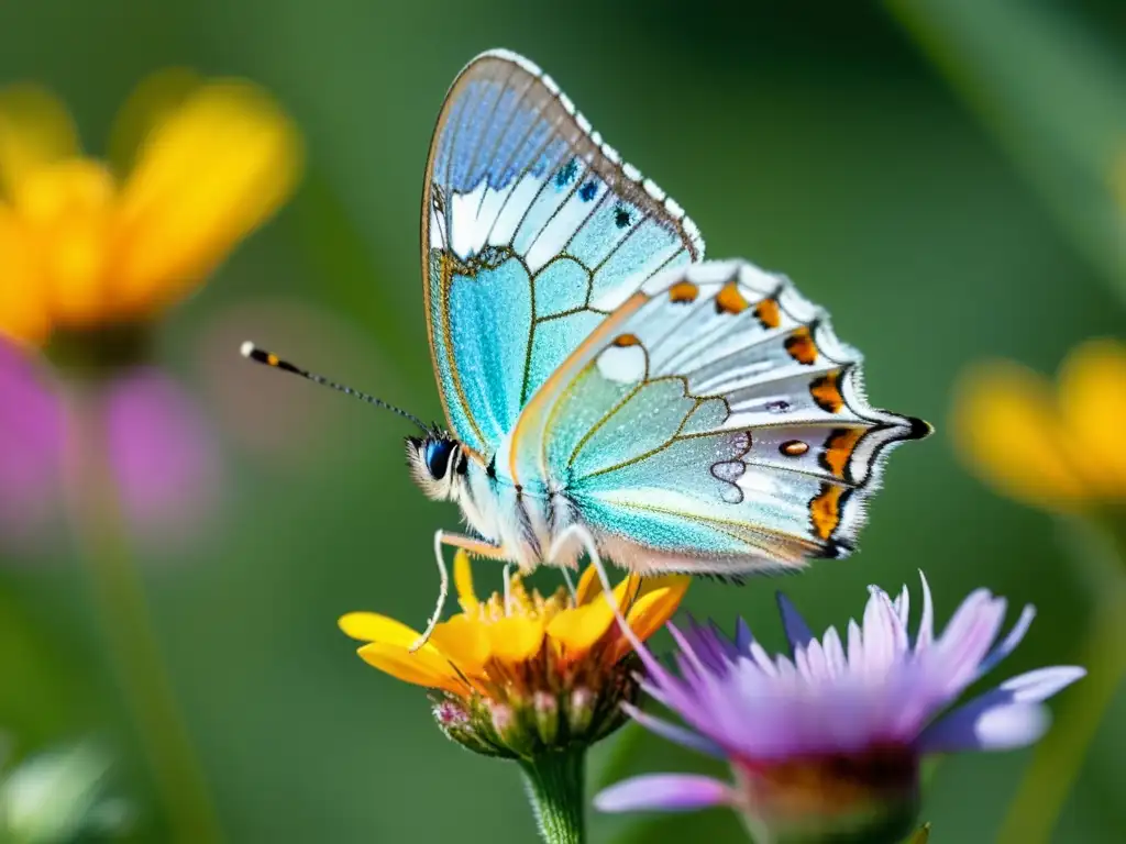 Detalle de mariposa iridiscente en flor silvestre, reflejando la luz del sol