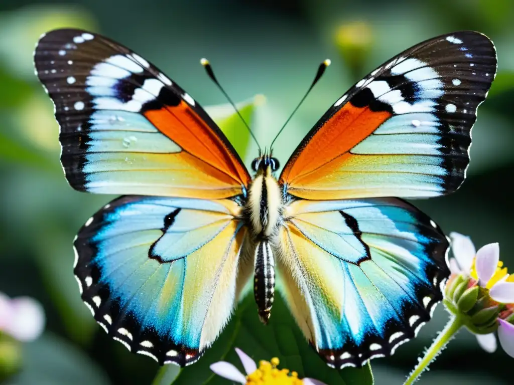 Detalle de mariposa iridiscente posada en flor, con alas desplegadas