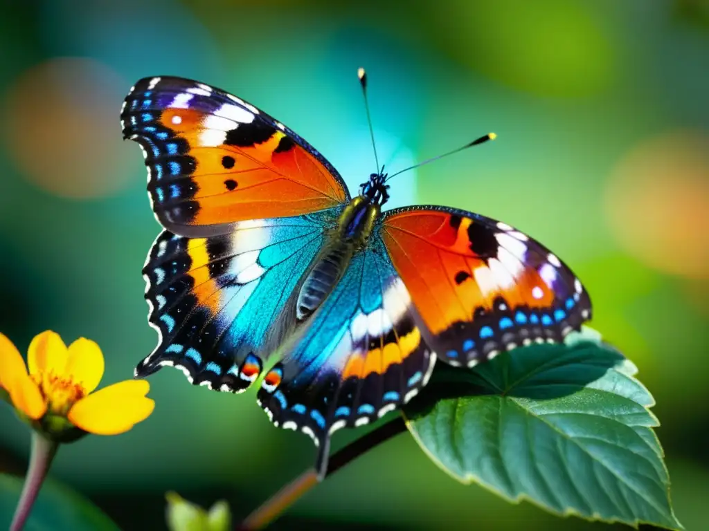 Detalle de mariposa iridiscente posada en flor, resaltando la importancia de los insectos en ecología