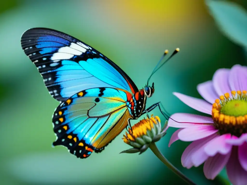 Detalle de mariposa iridiscente posada en flor, resalta la importancia ecológica de mariposas y polillas con sus alas delicadas y coloridas