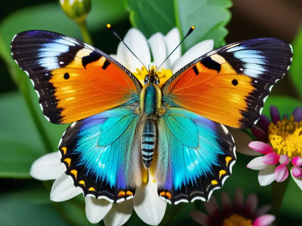 Detalle de mariposa iridiscente posada en flor, resaltando la belleza natural