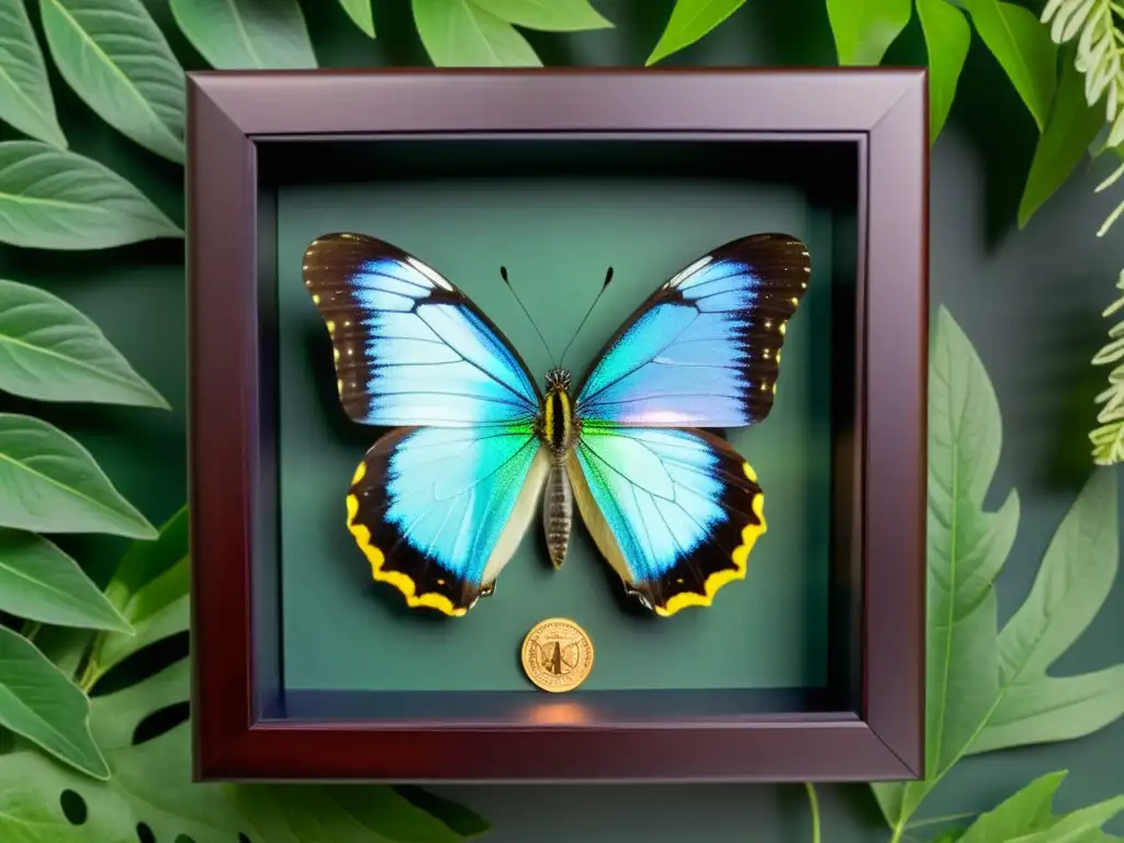 Detalle de mariposa iridiscente preservada en shadow box rodeada de exuberante follaje