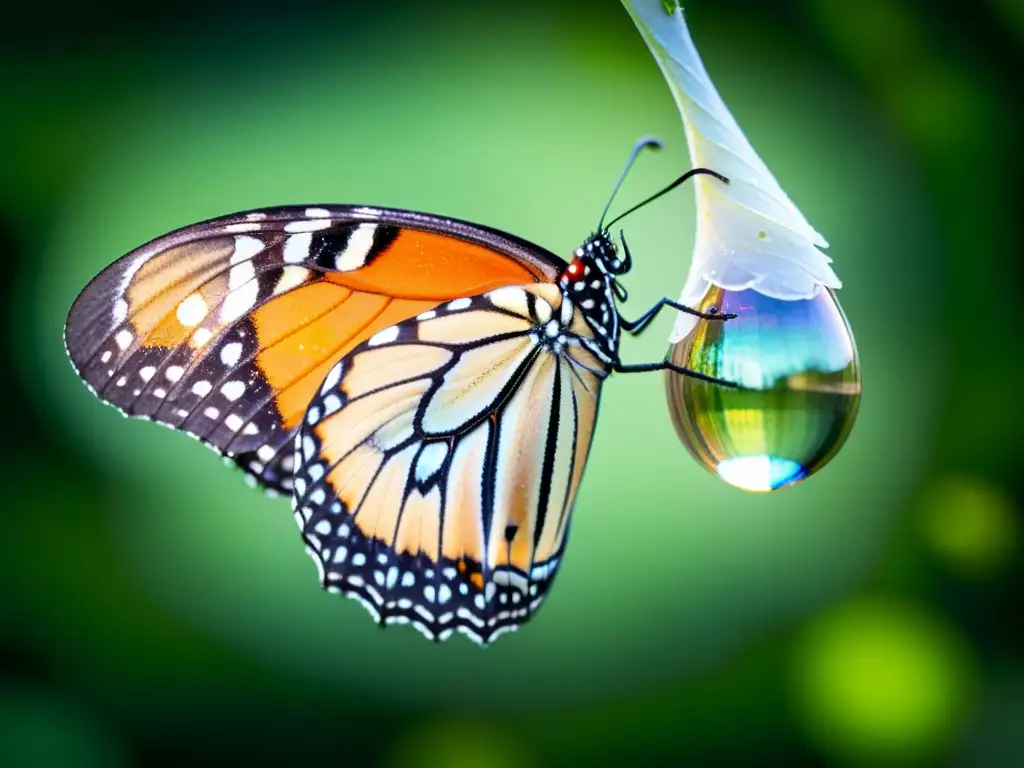 Detalle de una mariposa Monarca emergiendo de su crisálida, resaltando la importancia de la metamorfosis en insectos