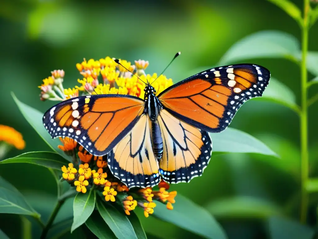 Detalle de una mariposa monarca en un jardín ecológico, bebiendo néctar de flores de Asclepia