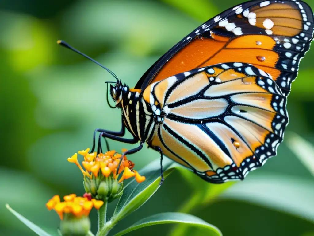 Detalle de una mariposa monarca en una flor de algodoncillo, mostrando la metamorfosis de insectos en ecosistemas