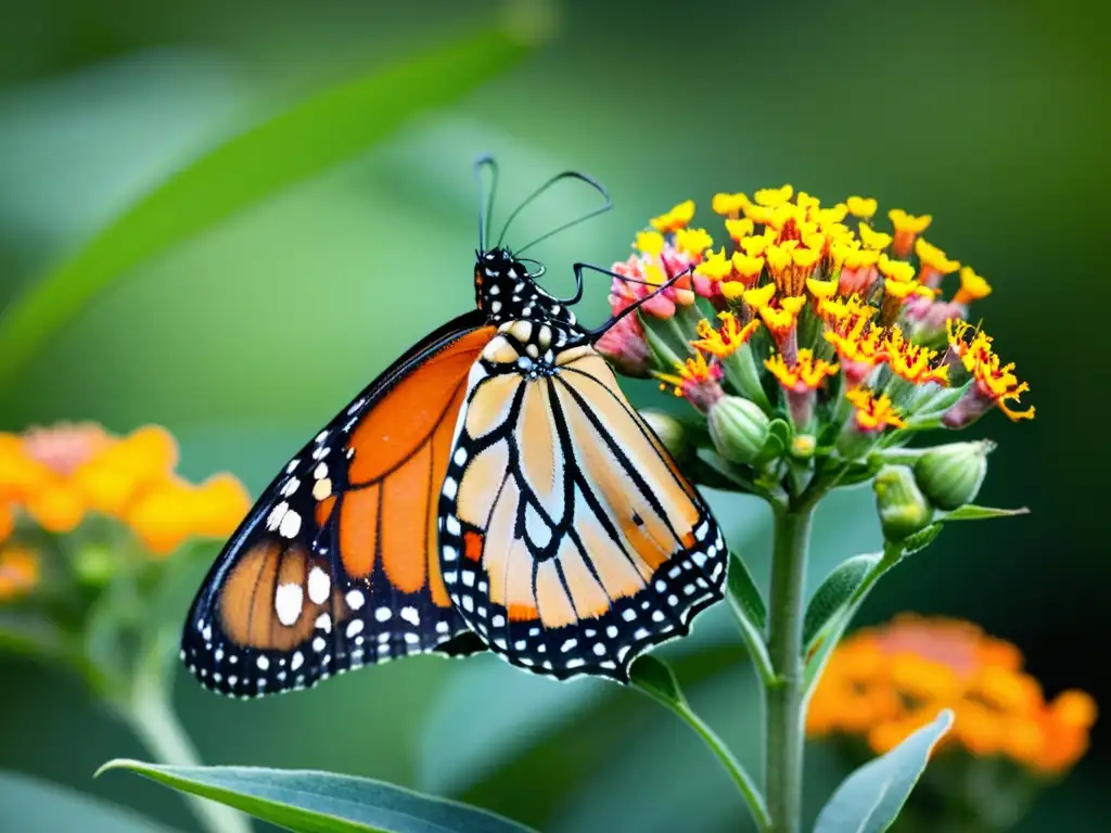 Detalle de mariposa monarca en flor de algodoncillo, capturando la interacción insecto-planta