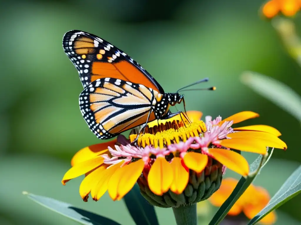 Detalle de mariposa monarca en flor de leche naranja, reflejando luz solar y creando patrones de sombra