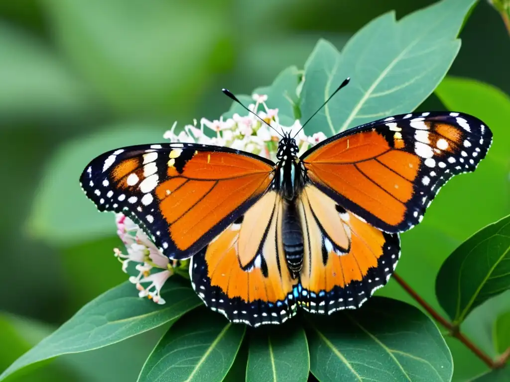 Detalle de mariposa monarca en flor de algodoncillo, resaltando la importancia de las mariposas en la diversidad genética