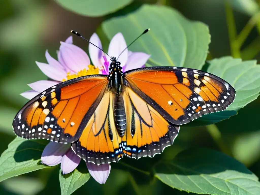 Detalle de mariposa monarca en flor silvestre, resaltando la importancia de la conservación de insectos