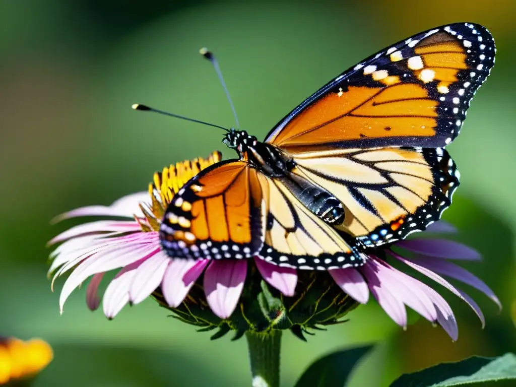 Detalle de mariposa monarca en flor morada, resaltando la importancia de los insectos en conservación