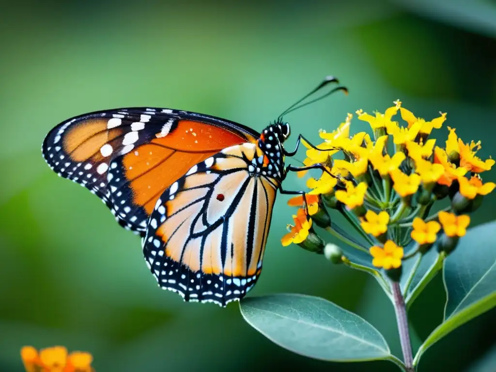 Detalle de una mariposa monarca en flor de algodoncillo, evocando belleza natural y la migración genética de mariposas monarca