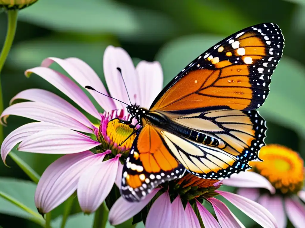 Detalle de mariposa monarca en flor morada, en un jardín para mariposas ecológicos