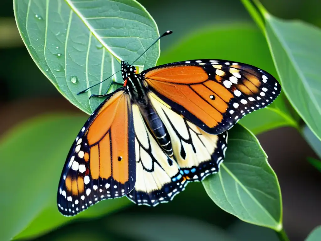 Detalle de una mariposa monarca en una planta de algodoncillo, con tecnología de rastreo satelital migraciones insectos