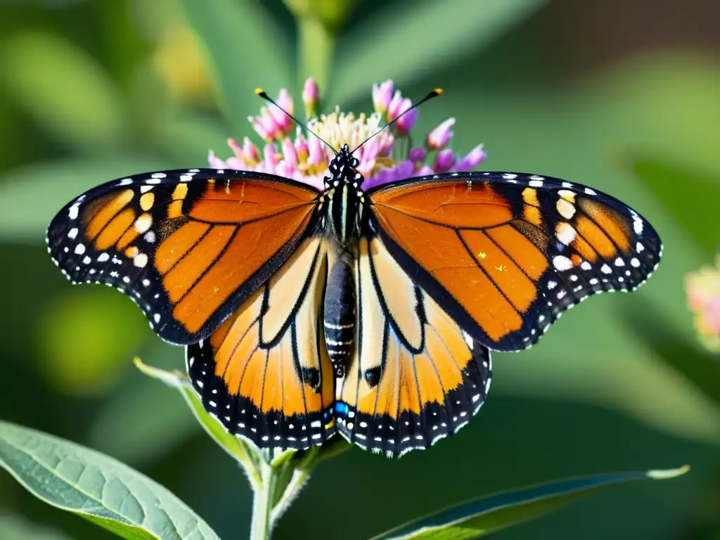 Detalle de una mariposa monarca posada en una flor de algodoncillo, con luz cálida resaltando sus alas y los pétalos