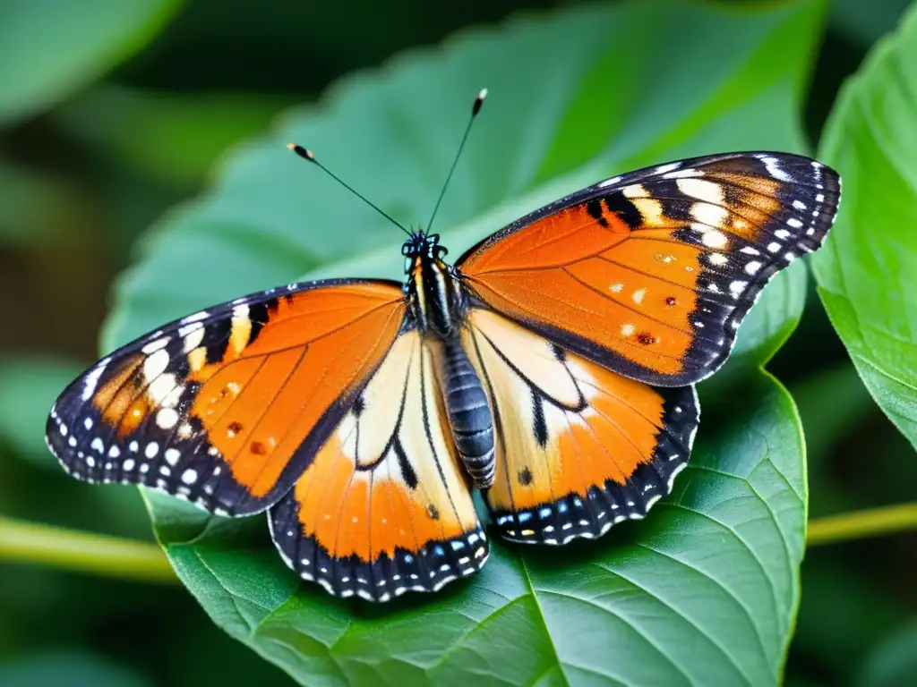 Detalle de una mariposa monarca posada en una hoja verde, con sus alas vibrantes y patrones iridiscentes