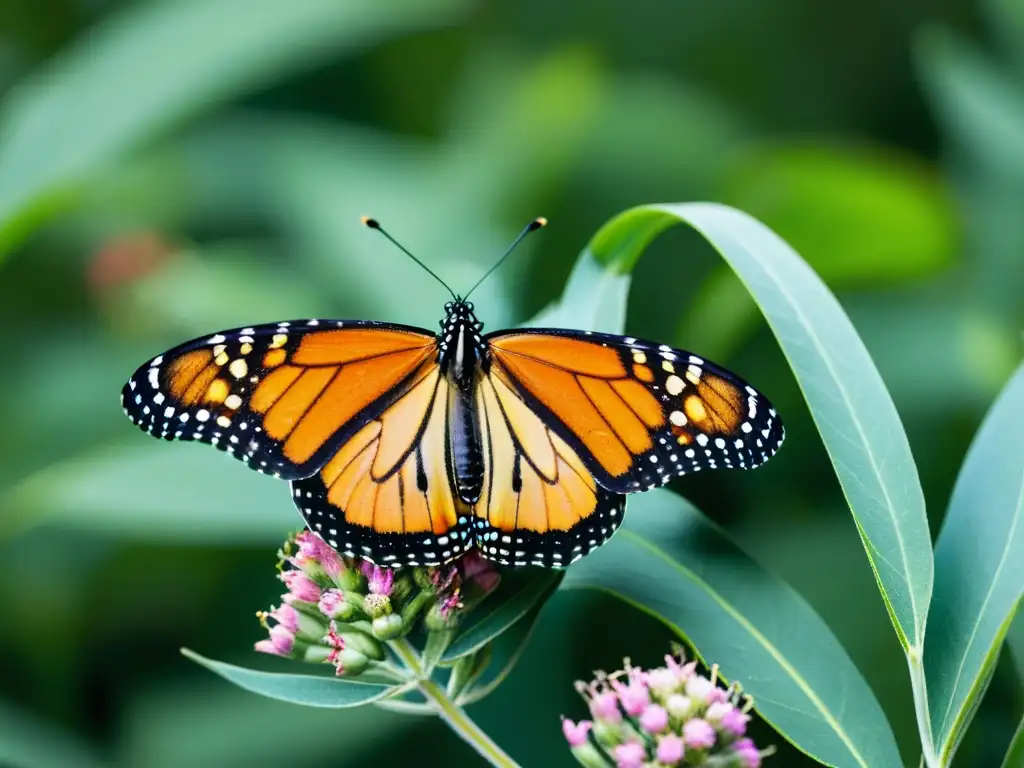 Detalle de una mariposa monarca posada en una planta de algodoncillo, rodeada de exuberante naturaleza