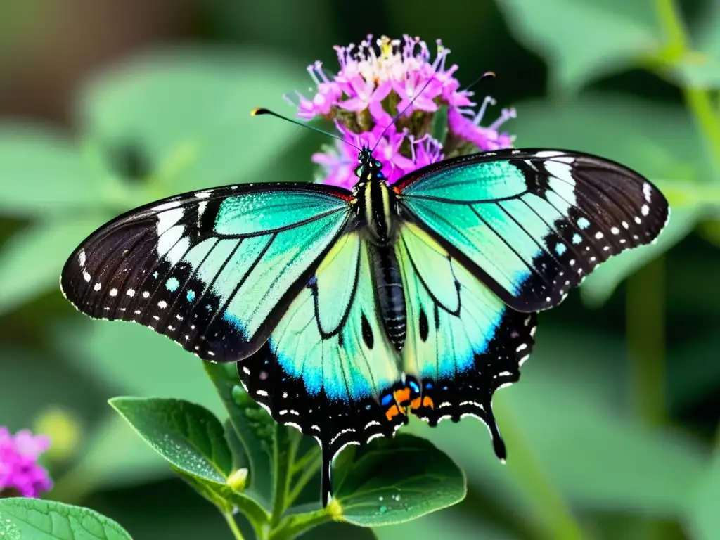 Detalle de una mariposa Monarca verde y negra sobre una flor morada, destacando la fragilidad de las especies insectos y los efectos de pesticidas