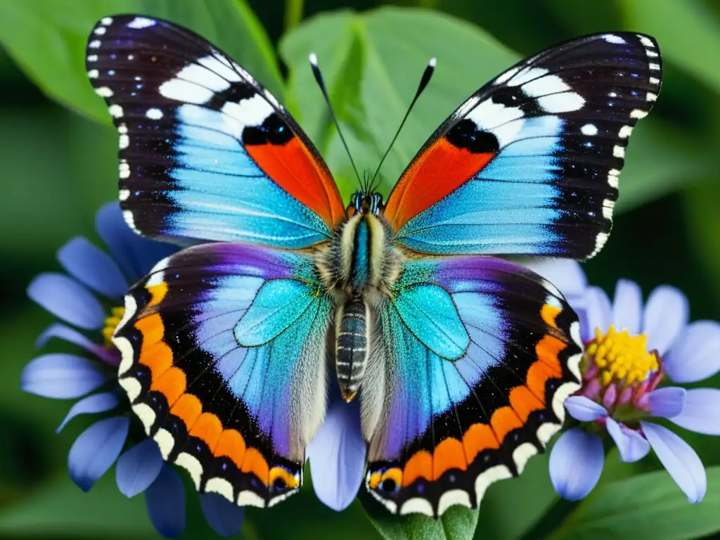 Detalle de mariposa multicolor alimentándose en flor roja, especialización alimentaria lepidópteros