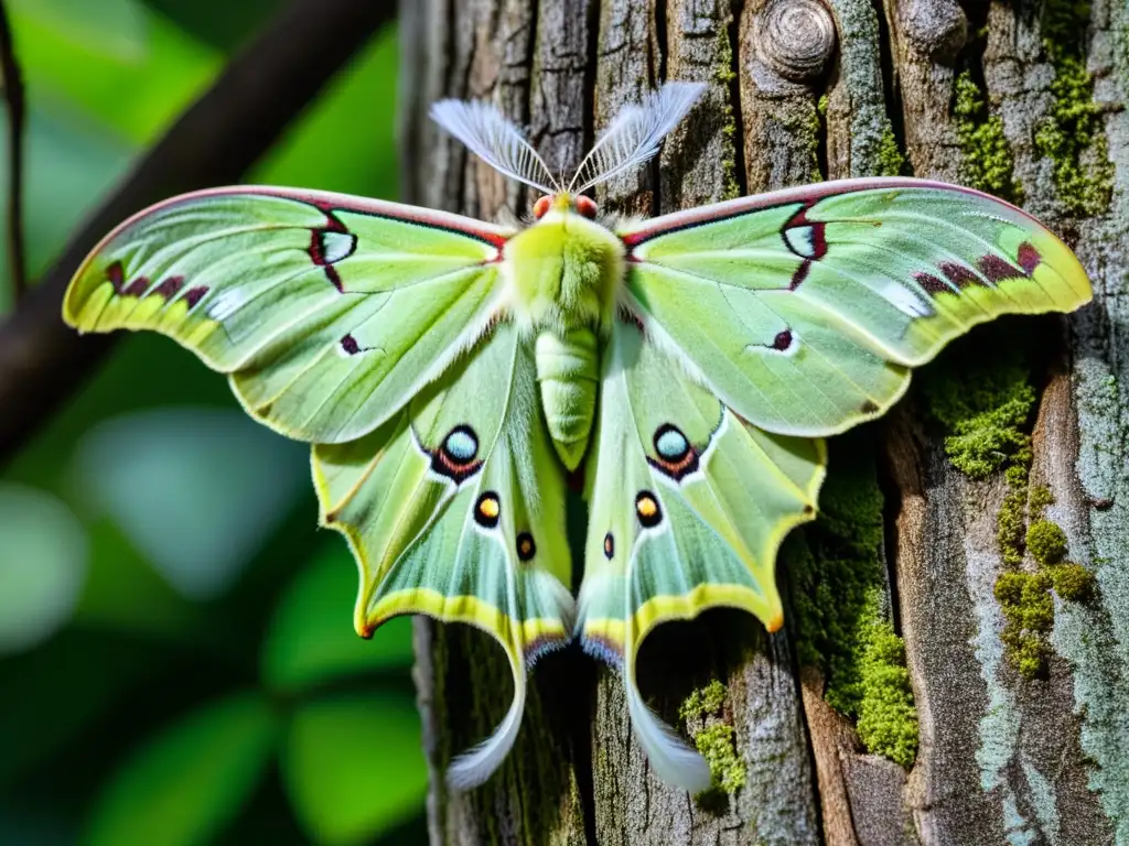 Detalle de mariposa nocturna Actias luna en su hábitat, bañada en suave luz lunar, mostrando sus alas verdes y delicados patrones