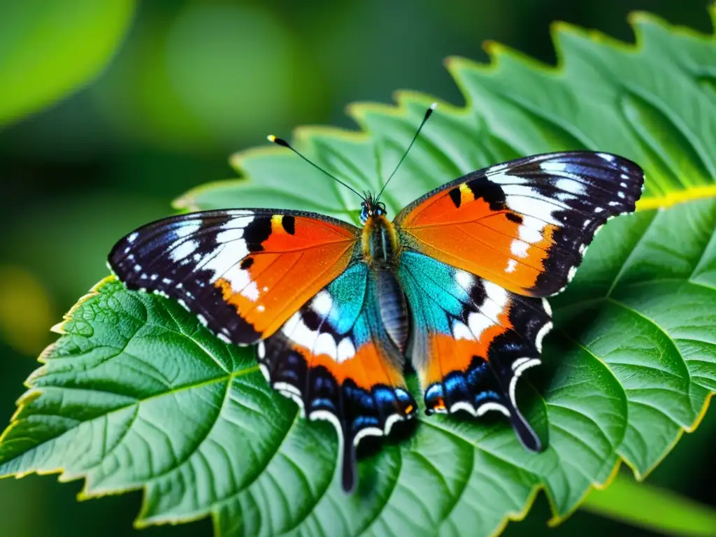 Detalle de mariposa posada en hoja verde, con patrón de alas y antenas delicadas