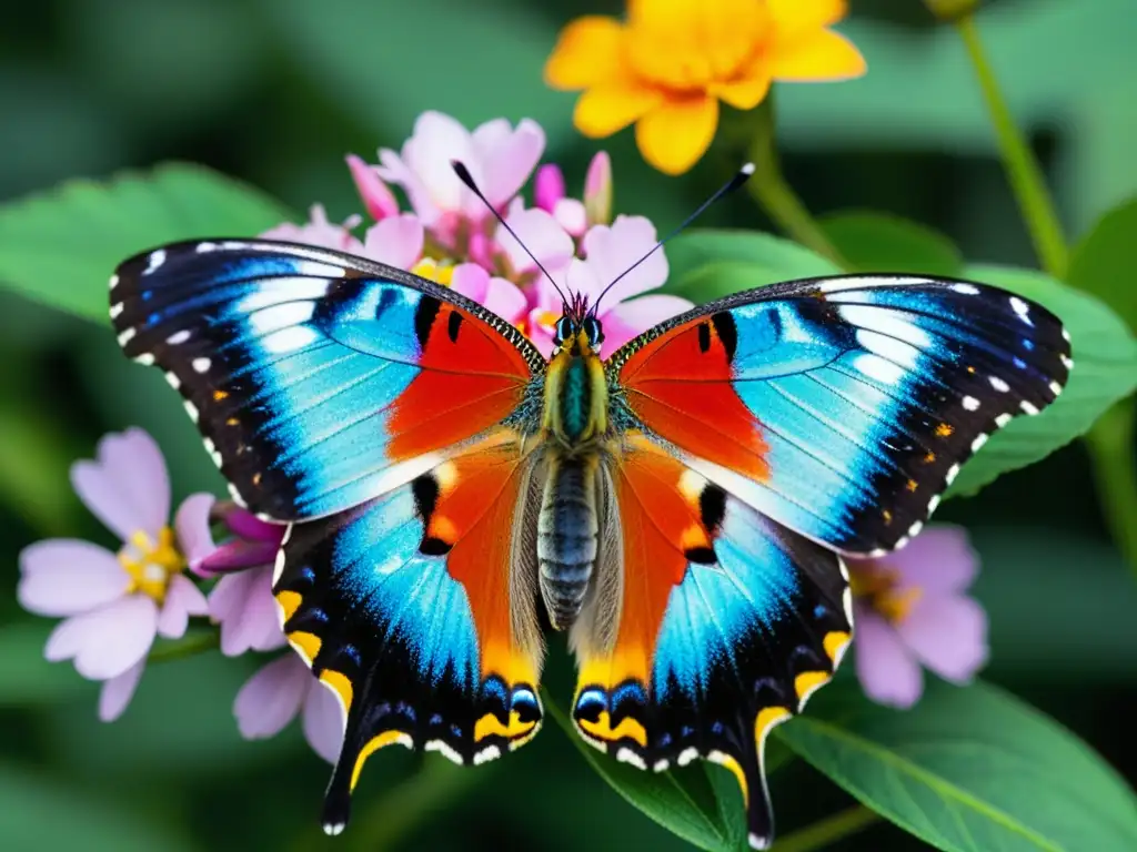 Detalle de mariposa rara posada en flor vibrante, resalta la importancia de conservación genética de insectos raros