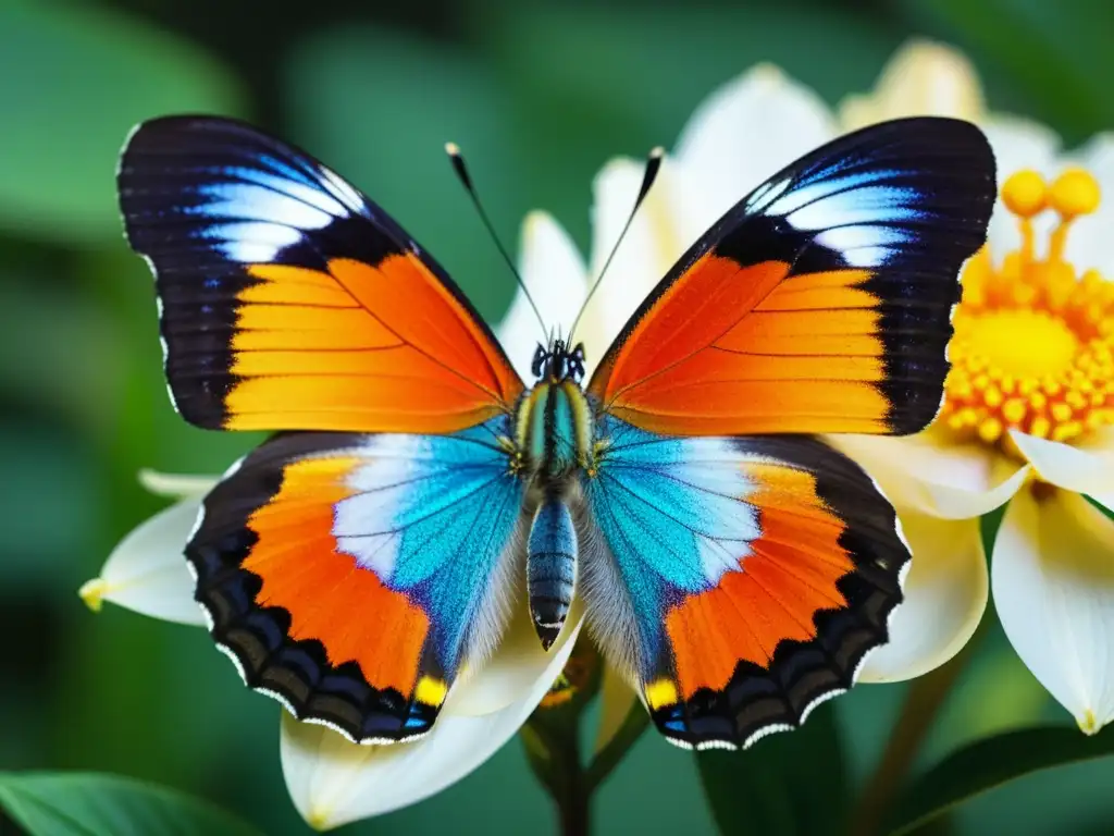 Detalle de mariposa tropical posada en una flor, con patrones y colores vibrantes